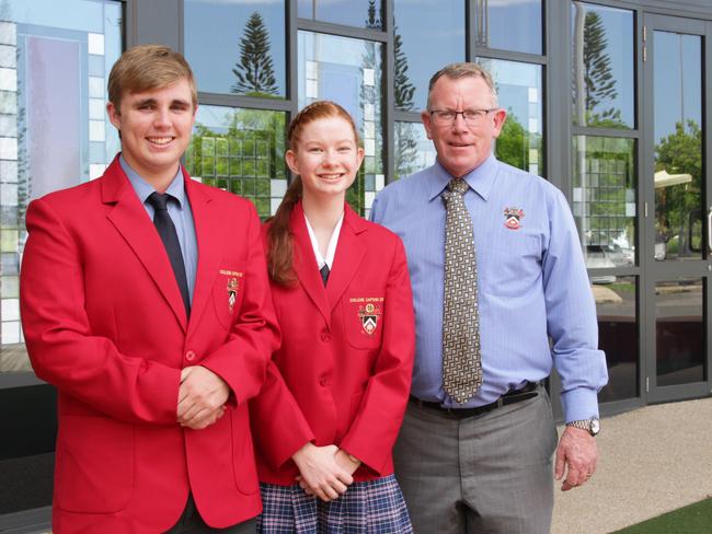 Shalom College captains Harry Packwood (left), Eryn Skerman (centre) with principal Dan McMahon (right) in 2020.