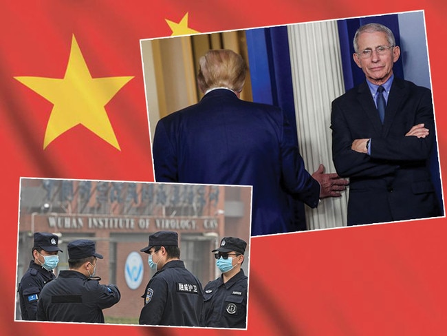 The Wuhan Instiute of Virology, bottom left, and then-US President Donald Trump, exiting a briefing with Director of the National Institute of Allergy and Infectious Diseases, Dr Anthony Fauci, right. Pictures: