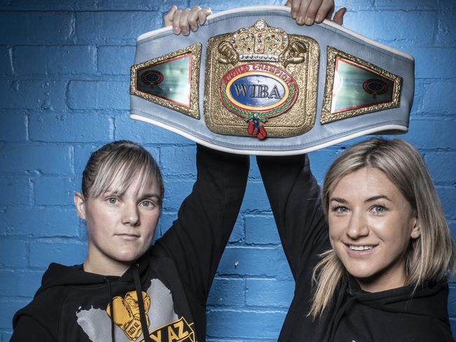 Krystina Jacobs with opponent Lorrinda Webb. The first Women’s World Title fight in Tasmanian History and only the second World Title Fight to be held in the State since Daniel Geale’s last title defence! Tasmania’s own Krystina (Mousey) Jacobs Fights Victorian Lorrinda Webb for the WIBA super featherweight World Title . Picture: Eddie Safarik