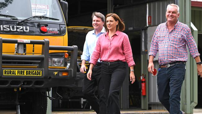 Leader of the LNP, Deb Frecklington, at the Brookfield Rural Fire Brigade with LNP MP for Moggill, Dr Christian Rowan, and Shadow Fire Safety Minister Lachlan Millar. Ms Frecklington unveiled a 10-point-plan to improve bushfire preparedness, including more urban-based RFBs. Picture: AAP/John Gass