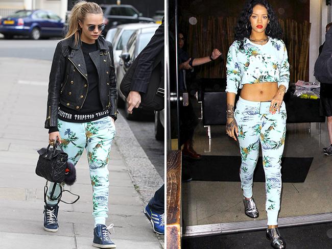 WHO WORE IT BETTER? Cara Delevingne and Rihanna in Zoe Karssen ‘Paradise’ printed jersey track pants. Picture: Splash