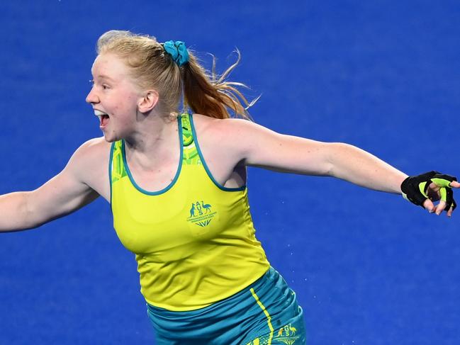 BIRMINGHAM, ENGLAND - AUGUST 05: Amy Lawton of Team Australia celebrates scoring a goal in the penalty shoot out during the Women's Hockey Semi-Final match between Team Australia and Team India on day eight of the Birmingham 2022 Commonwealth Games at University of Birmingham Hockey & Squash Centre on August 05, 2022 on the Birmingham, England. (Photo by Alex Davidson/Getty Images)