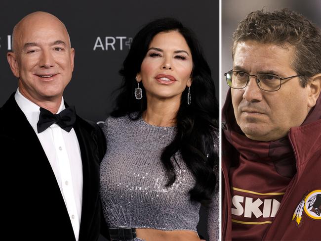 A composite image showing Jeff Bezos and Lauren Sanchez - along with Dan Snyder