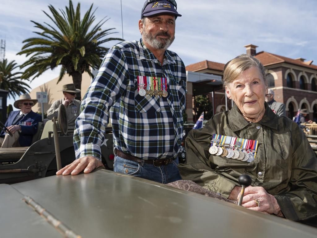 Peter Mayall before driving Jean Dellit in his Jeep in Toowoomba's Anzac Day mid-morning march to the Mothers' Memorial, Thursday, April 25, 2024. Picture: Kevin Farmer