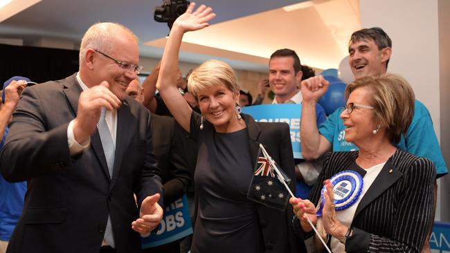 Former Liberal deputy Julie Bishop, centre, rallies the troops flanked by Scott Morrison in the electorate of Swan yesterday. Picture: Getty Images