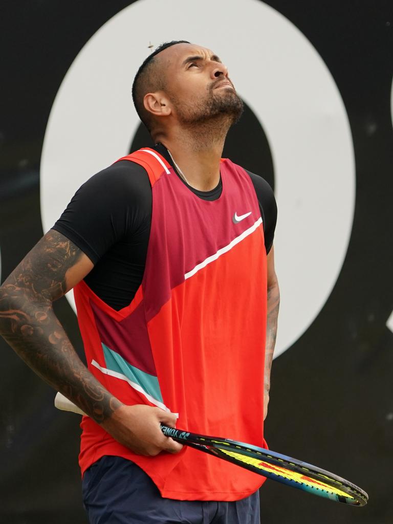 A frustrated Nick Kyrgios on court. Picture: Christian Kaspar-Bartke/Getty Images