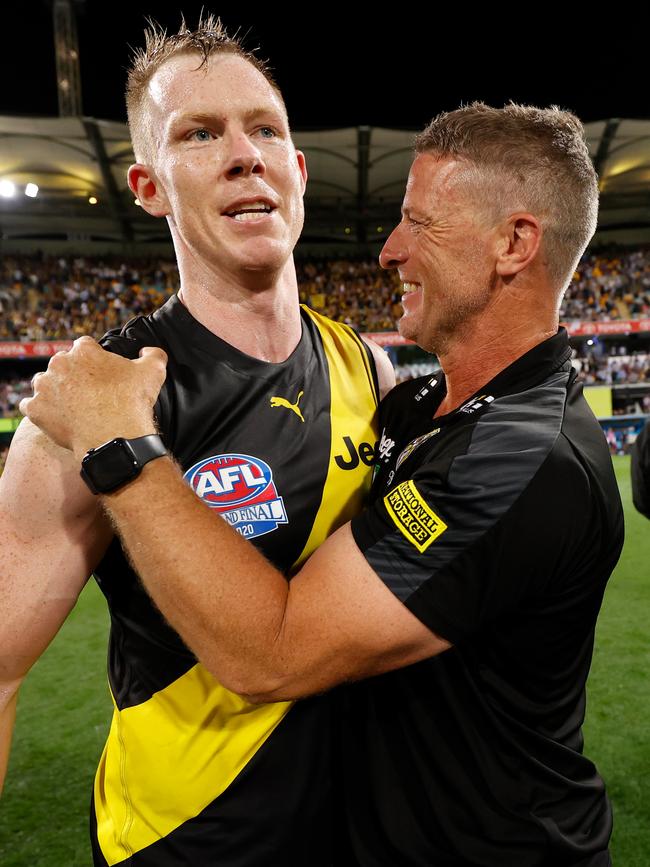 Jack Riewoldt and Damien Hardwick after the 2020 flag. Picture: Michael Willson/AFL Photos via Getty Images.