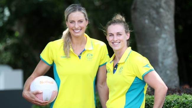 Gabi Simpson (R) with one of Australia’s most experienced netballers Laura Geitz. Picture: Peter Wallis