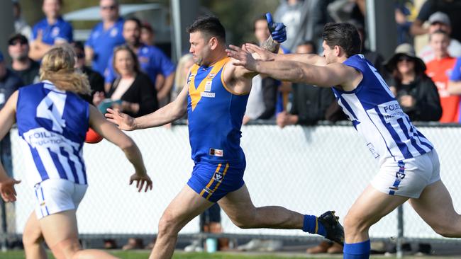 The moment. Marc Holt snaps his 1000th goal for Cranbourne Picture: Chris Eastman.