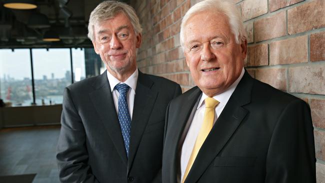 Former Westpac chair Lindsay Maxsted with current chairman John McFarlane. Picture: Adam Yip