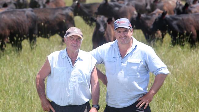 Rod Manning and his son Rodda on their property near Mansfield. Picture Yuri Kouzmin