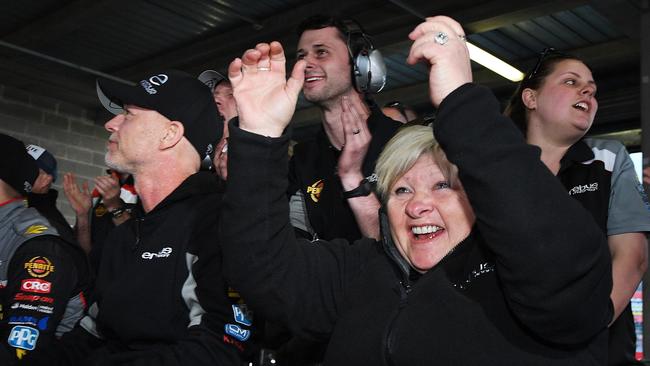 Betty Klimenko team owner of Erebus Penrite Racing celebrates Dave Reynolds taking pole position in the top 10 shootout. (Photo by Daniel Kalisz/Getty Images)