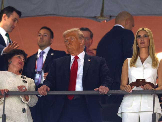 (L-R) New Orleans Saints owner Gayle Benson, US President Donald Trump and his daughter Ivanka Trump look in the VIP suite. Picture: Getty Images