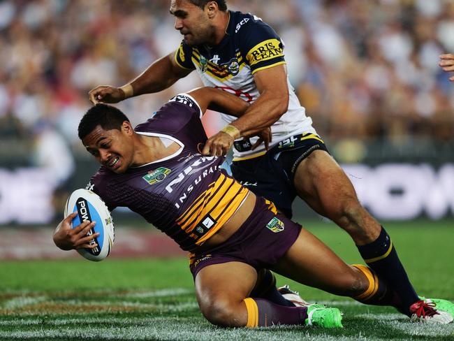 Broncos Anthony Milford is tackled during the 2015 NRL Grand Final. He comes in at $408,900. Picture: Brett Costello