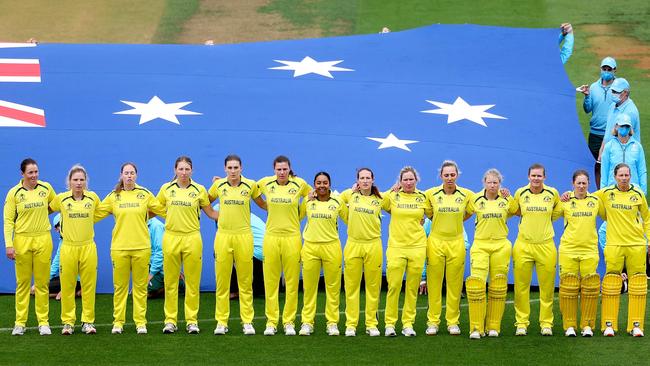 Australia stands for the national anthems during the Women's Cricket World Cup semi-final. Picture: Marty Melville / AFP