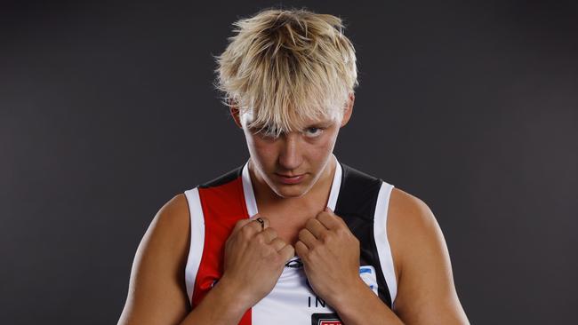 NCA. MELBOURNE, AUSTRALIA. 20th November 2024.  AFL Draft  at Marvel stadium .   Alix Tauru after being drafted to St Kilda.  Picture: Michael Klein