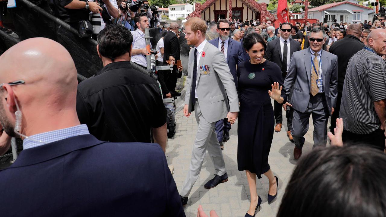 Harry and Meghan leave the Te Papaiouru Marae in Rotorua. Photo: Michael Bradley/AFP