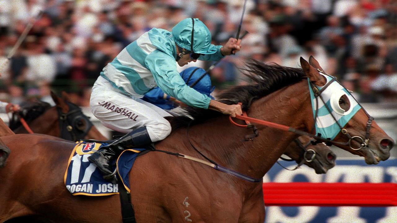 Jockey John Marshall guides home Rogan Josh in the 1999 Melbourne Cup.