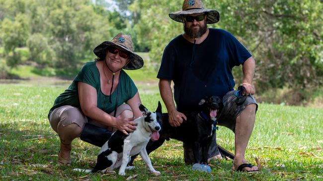 Amy Gunningham and Ryan Smith enjoy Marlows Lagoon with their pups Matilda and Banjo. Picture: Che Chorley