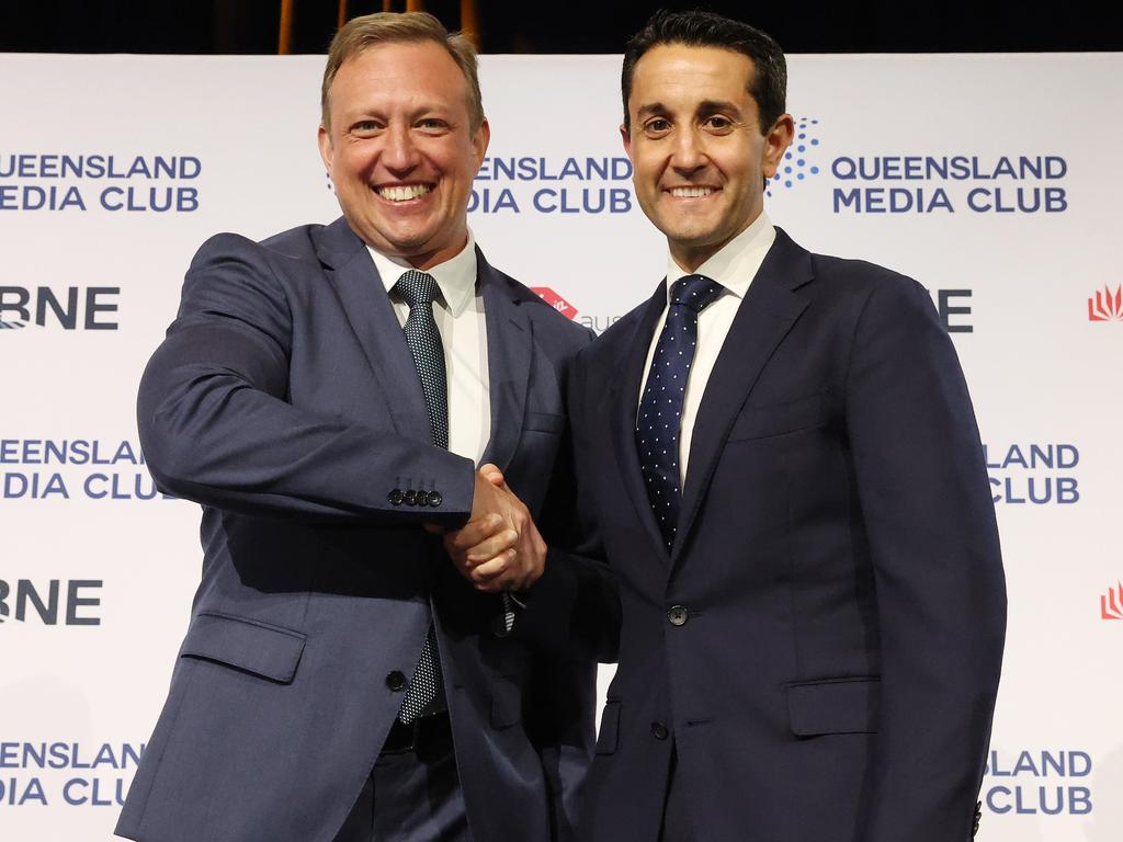 Premier Steven Miles and Opposition Leader David Crisafulli at Wednesday’s second leaders’ debate. Picture: Liam Kidston