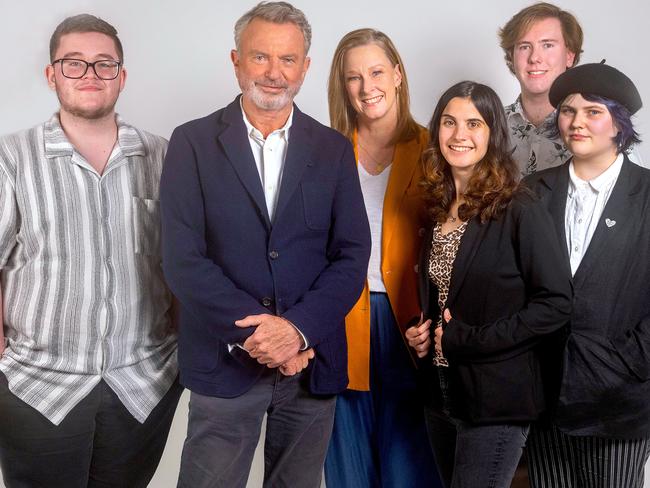 Sam Neill and Leigh Sales with autistic journalism students in The Assembly.