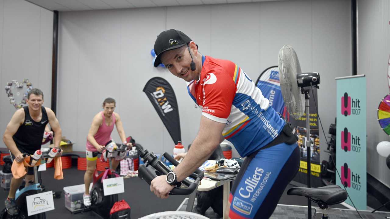 Michael Aspinall leads the World Gym Toowoomba team's Longest Static Spin Class. Picture: Bev Lacey