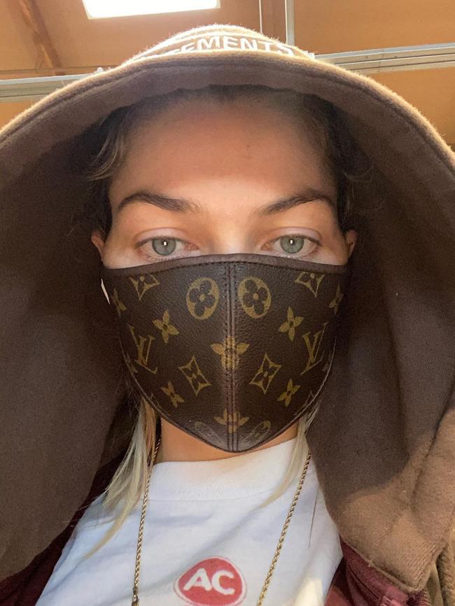 Model Jess Hart wearing a designer face mask. Picture: Instagram