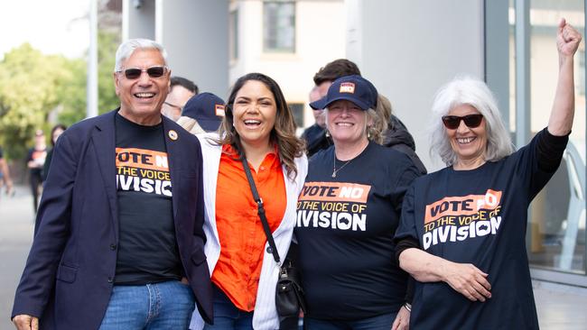 Nyunggai Warren Mundine and Jacinta Nampijinpa Price meet No campaigners at a polling booth in Hobart. Picture: Linda Higginson