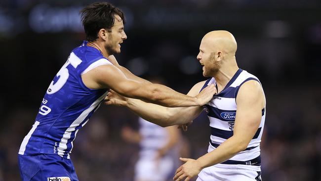 North Melbourne defender Robbie Tarrant remonstrates with Gary Ablett after the incident. Picture: Getty Images