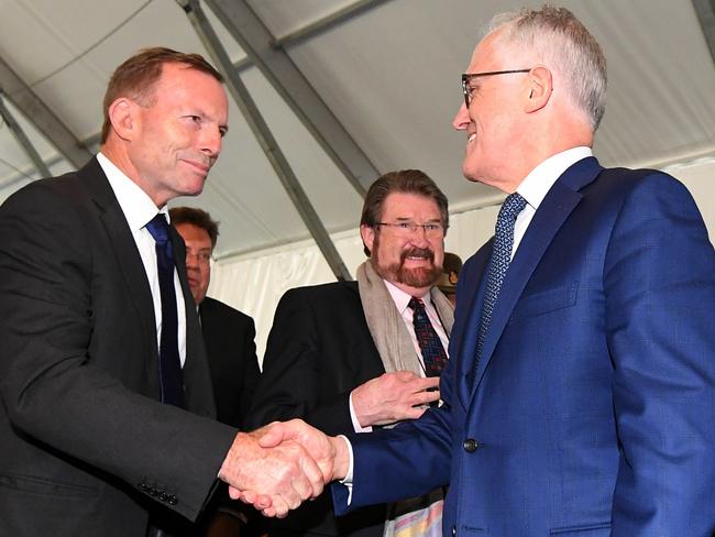 Australian Prime Minister Malcolm Turnbull right and former Australian Prime Minister Tony Abbott at the opening of the John Monash Centre. Picture: AAP