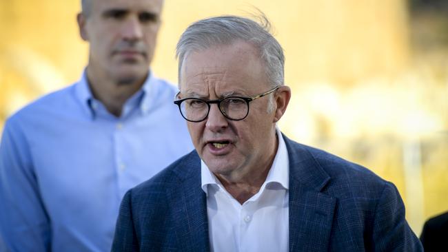 Prime Minister Anthony Albanese announcing that SA will host the national drought forum in August. Picture: NewsWire/Roy VanDerVegt