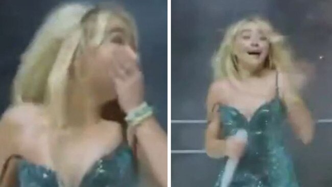 Sabrna Carpenter hit by fireworks mid-performance.