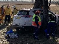 Newell Highway, Gilgandra crash: A 78-year-old woman died after a car crashed into a tree on the Newell Highway, 10 kilometres south of Gilgandra on June 29, 2021. Picture: Ambulance NSW