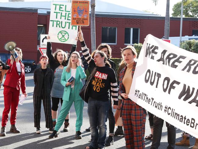 Extinction Rebellion Protest outside the Courier Mail office, owned by News Corp Australia office, in Bowen Hills. Picture: Liam Kidston.