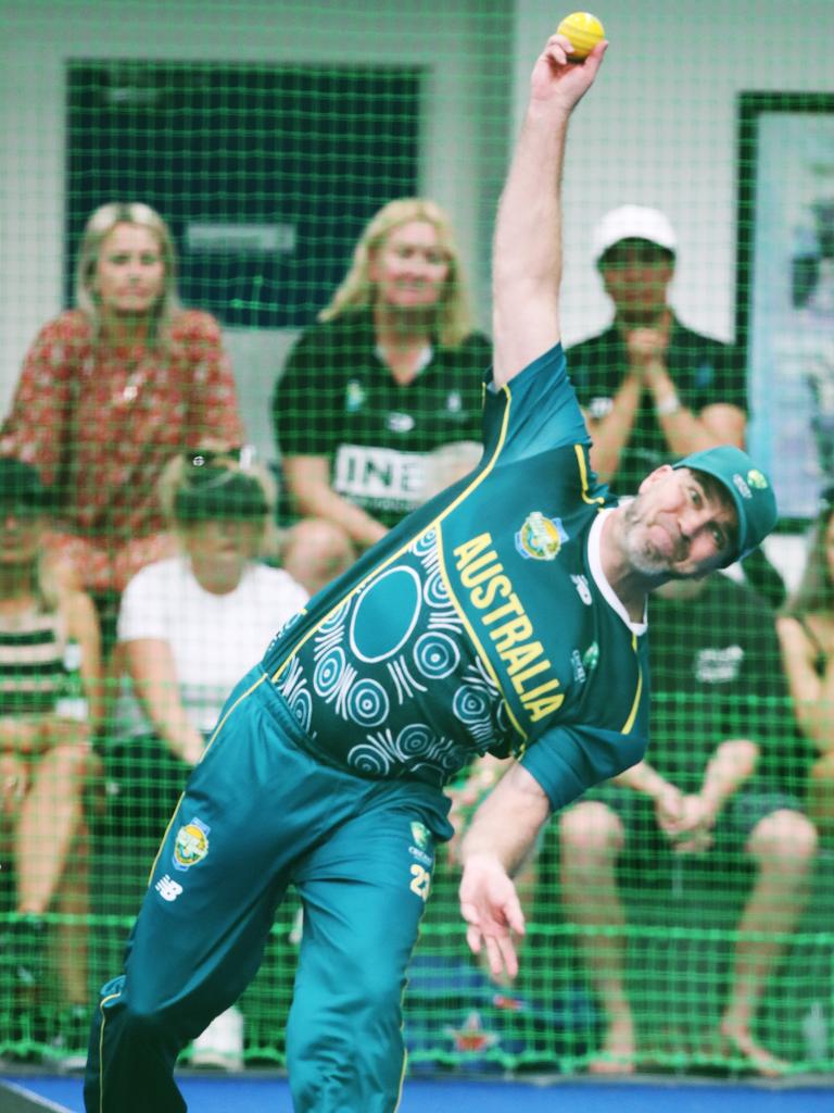 The Trans Tasman trophy for indoor cricket is being played on the Gold Coast at Ashmore. Australia v New Zealand Mens 50s. Kiwi Darron Reekers down for the count . Aussie Paul Elliot bowling. Picture Glenn Hampson