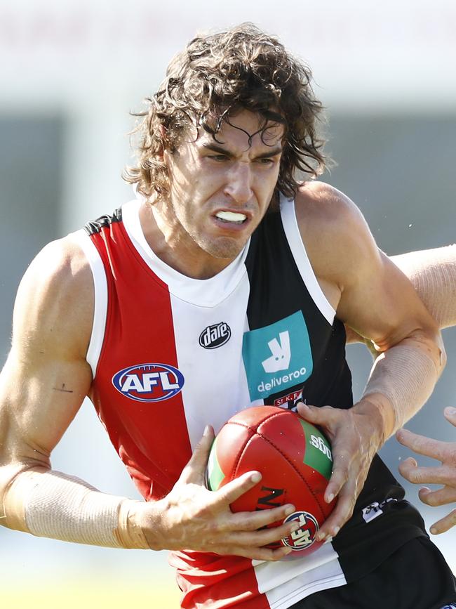 Max King marks in front of Jake Carlisle during St Kilda’s intraclub match.