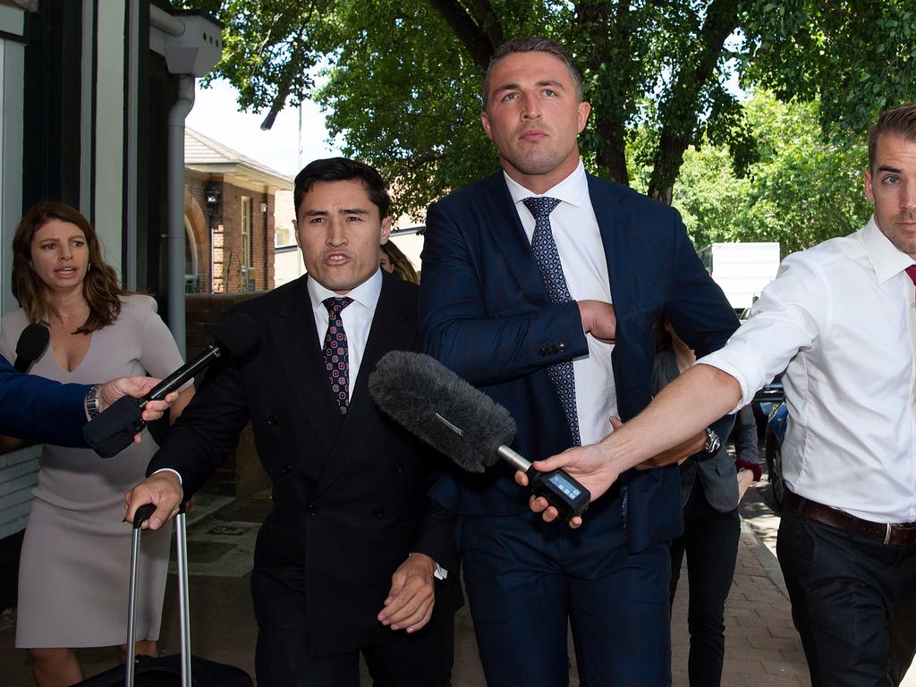 Sam Burgess was represented by lawyer Bryan Wrench (left) on Friday. Picture: NCA NewsWire/Bianca De Marchi