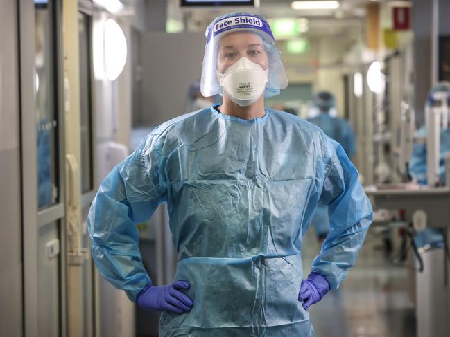 Royal Melbourne Hospital COVID nurse unit manager Grace Carroll in the COVID ward.                      Picture: David Caird