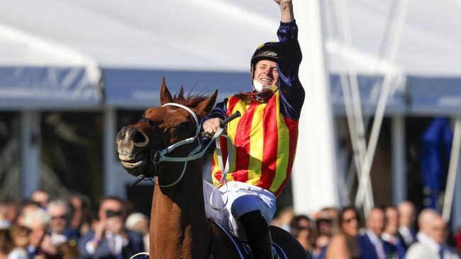 A jubilant James McDonald after Nature Strip won The Everest. Picture: Getty Images