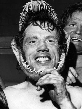 Bishop in 1973 wearing shark’s head and teeth.