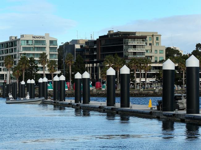 The new wave attenuator beside the Royal Geelong Yacht Club. Picture: Alison Wynd