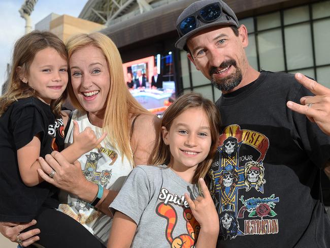 17/2/17 Family heading to see Guns n Roses on Saturday night . Jared and Alexandra Fillmore with their children Ava Jae 7 and Sierra 10, of Flagstaff Hill, getting excited for the Guns N Roses concert at Adelaide Oval. Picture Roger Wyman