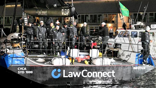 Law Connect returns to the dock after crossing the line to win the 2024 Sydney to Hobart. Picture: Steve Bell/Getty Images