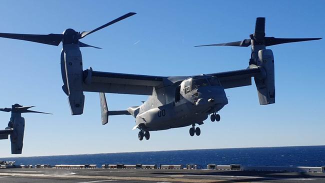 A US Marine Corps MV-22 Osprey lands on the deck of the USS America (LHA 6) just outside of Brisbane. Picture: Jodie Munro O'Brien