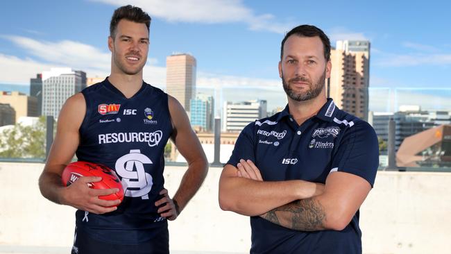 South Adelaide coach Jarrad Wright and former ruckman Keegan Brooksby. The big man’s departure to West Coast has left the Panthers with a hole to fill. Picture: AAP/Dean Martin