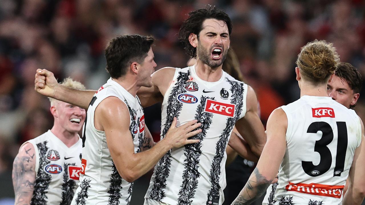 Brodie Grundy of the Magpies celebrates a goal. Photo: Michael Klein