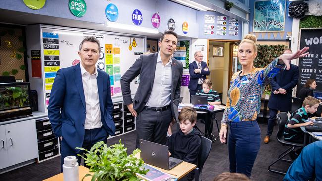 Federal Education Minister Jason Clare and SA Education Minister Blair Boyer take a tour with principal Rebecca Huddy. Picture: Tom Huntley