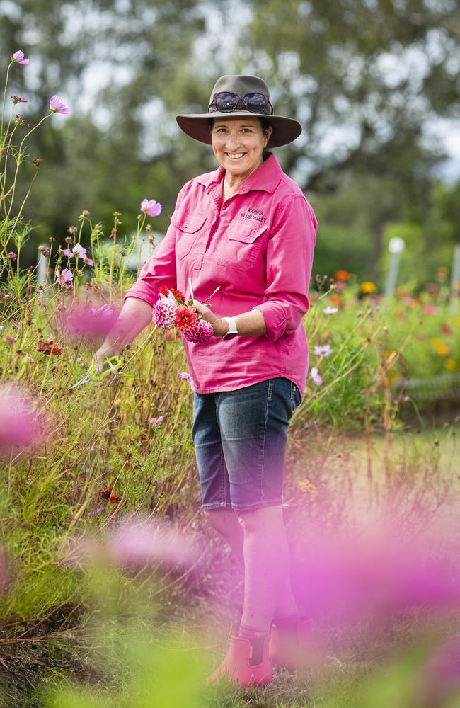 Karinya in the Valley owner Kym Briese as the Helidon flower farm host a pick your own summer blooms session, Saturday, January 4, 2025. Picture: Kevin Farmer