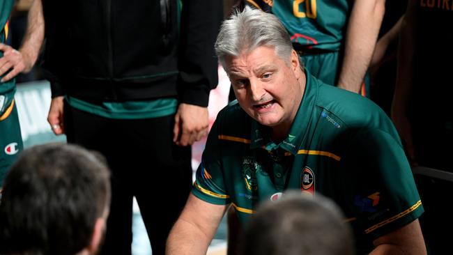 HOBART, AUSTRALIA - DECEMBER 17: Scott Roth Head Coach of the Taipans talks to his players during the round 11 NBL match between Tasmania Jackjumpers and Cairns Taipans at MyState Bank Arena, on December 17, 2022, in Hobart, Australia. (Photo by Steve Bell/Getty Images)