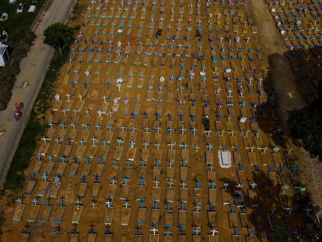 Aerial view of COVID-19 victims' graves at the Nossa Senhora Aparecida cemetery in Manaus, Amazonas state, Brazil, on April 29, 2021. - Brazil, with a population of 212,000,000 people, surpassed Thursday the 400,000 deaths due to COVID-19, and is second in number only to the US. (Photo by MICHAEL DANTAS / AFP)